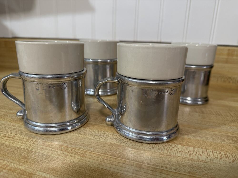 Vintage Wilton Armetale RWP Pewter Coffee Mugs Set of 4 w/ Ceramic Inserts USA